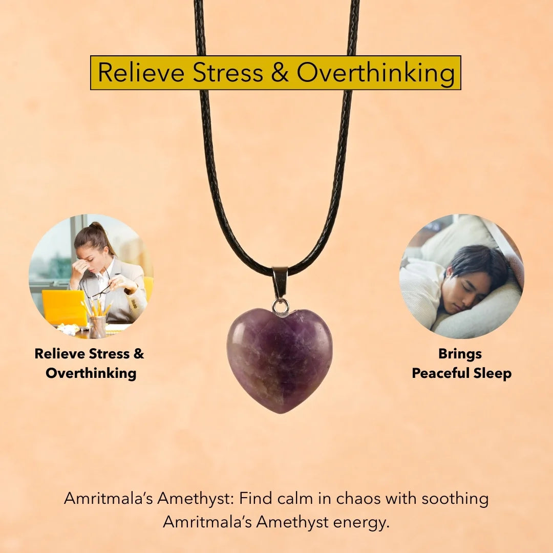 Amritmala Heart Pendant for Calm Mind & Sleep (Genuine Amethyst) (Care for stress, overthinking, anxiety, and sleepless nights)