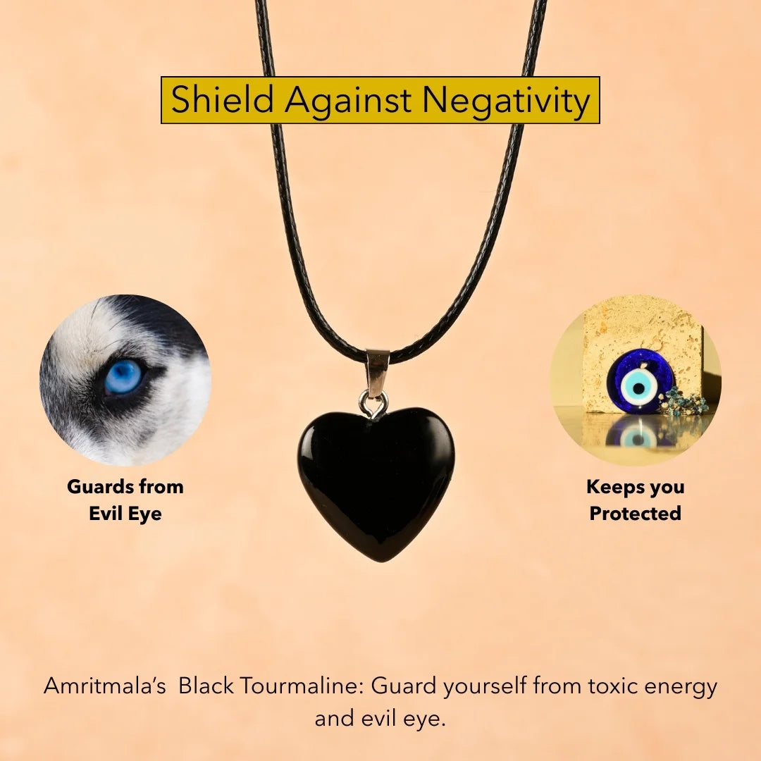Amritmala Heart Pendant for Protection & Negativity Block (Genuine Black Tourmaline) (Care for evil eye, negativity, and emotional grounding)