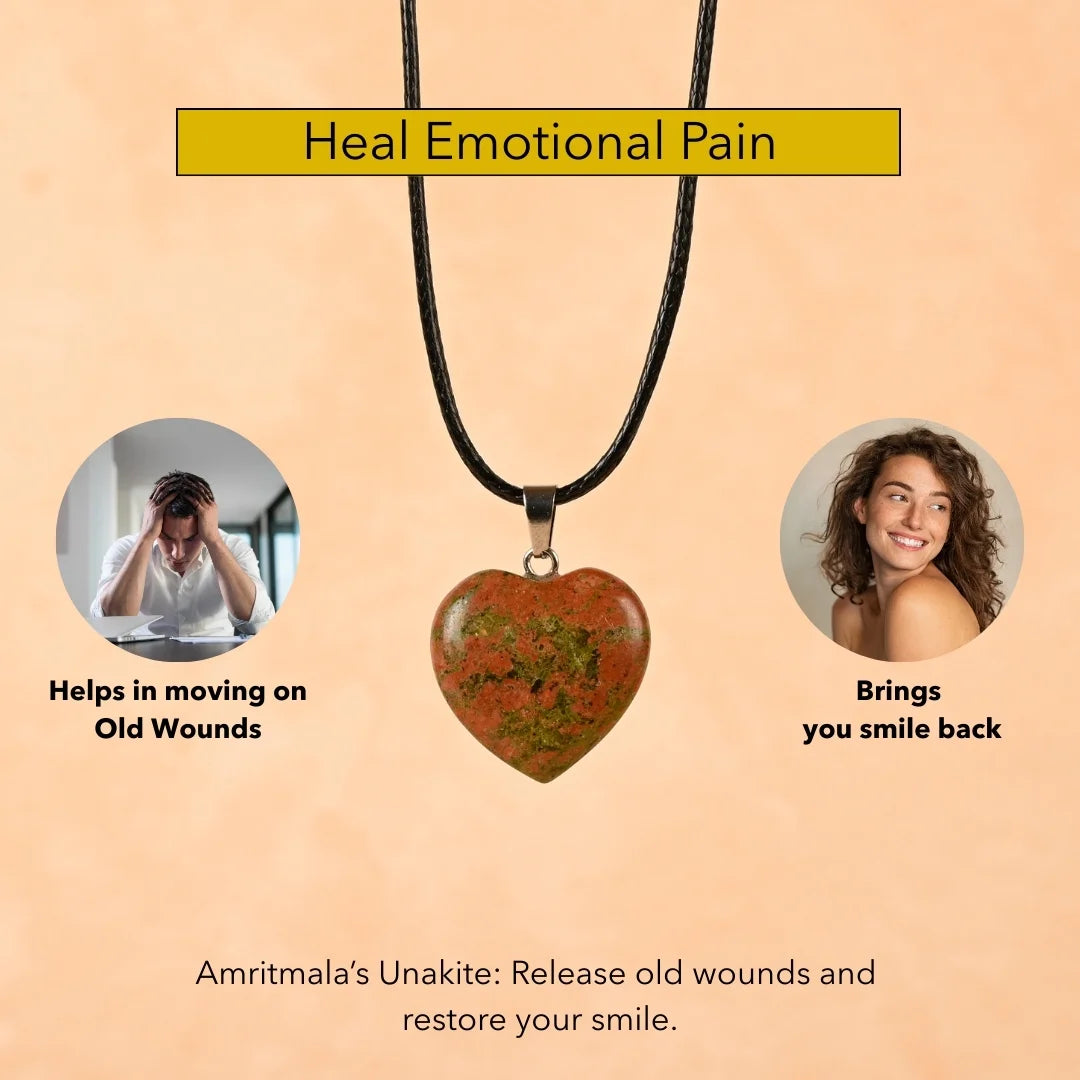 Amritmala Heart Pendant for Emotional Healing & Balance (Genuine Unakite) (Care for past wounds, trauma recovery, and emotional stability)