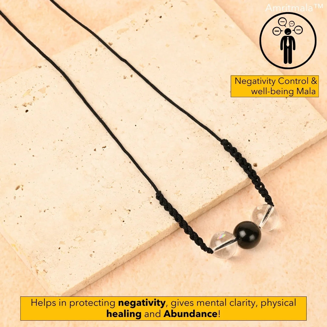 GENUINE BLACK ONYX WITH CLEAR QUARTZ AMRITMALA'S NEGATIVITY CONTROL AND WELL BEING MALA