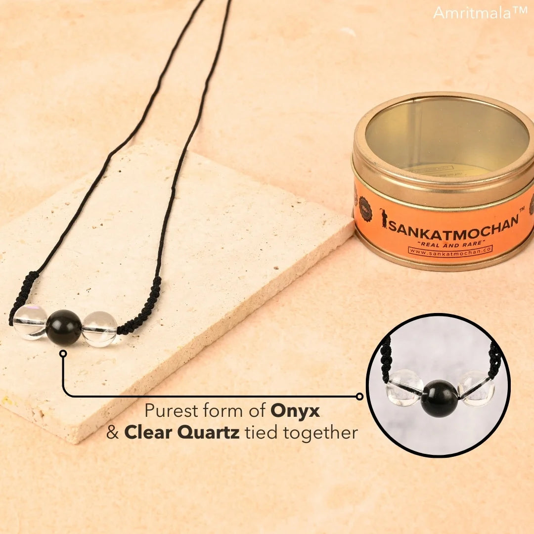 GENUINE BLACK ONYX WITH CLEAR QUARTZ AMRITMALA'S NEGATIVITY CONTROL AND WELL BEING MALA