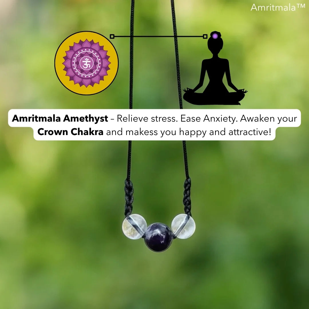 Amritmala for Stress, Anxiety & Sleep (Genuine Amethyst with Clear Quartz)