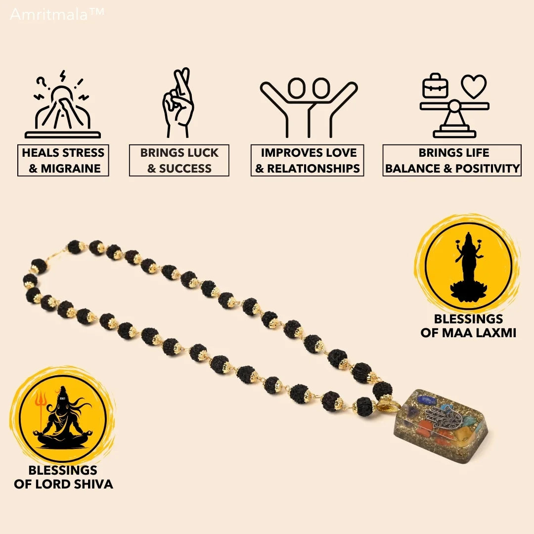 AMRITMALA'S HAMSA LUCKY HANDMALA (Black) (Power of Rudraksha & Lucky Hand)