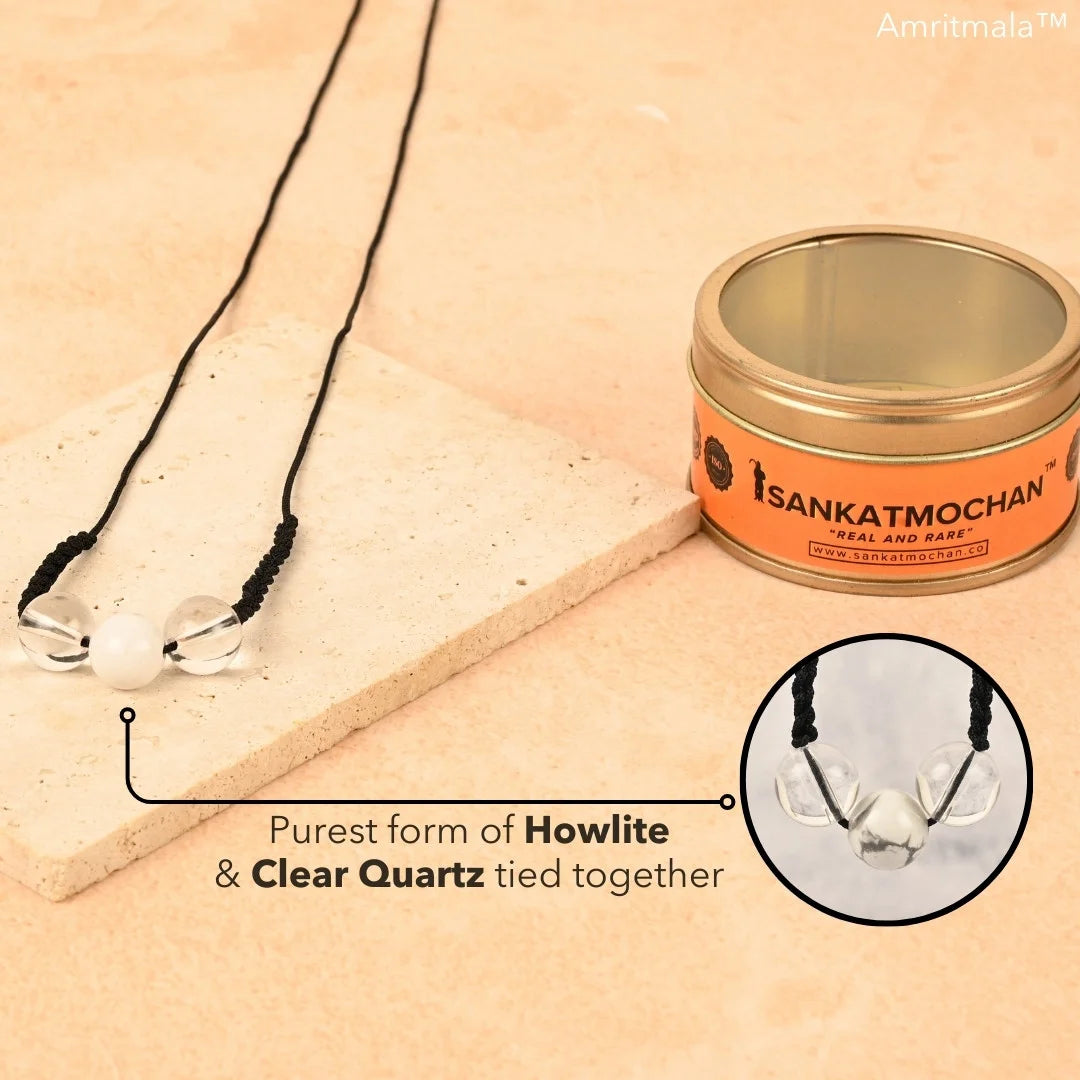 GENUINE HOWLITE WITH CLEAR QUARTZ  AMRITMALA'S  FOCUS, ANGER MANAGEMENT & MIND CONTROL MALA