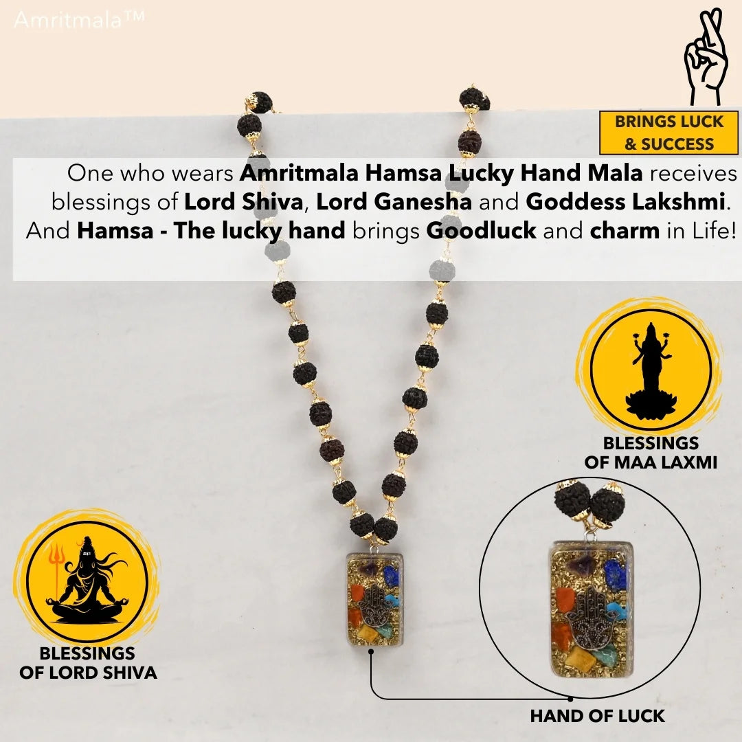 AMRITMALA'S HAMSA LUCKY HANDMALA (Black) (Power of Rudraksha & Lucky Hand)