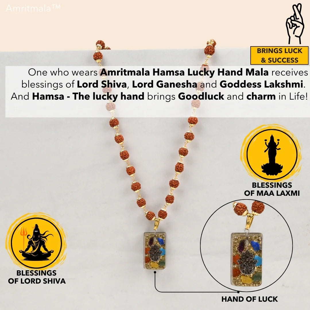 HAMSA LUCKY HANDMALA (Power of Rudraksha & Lucky Hand)