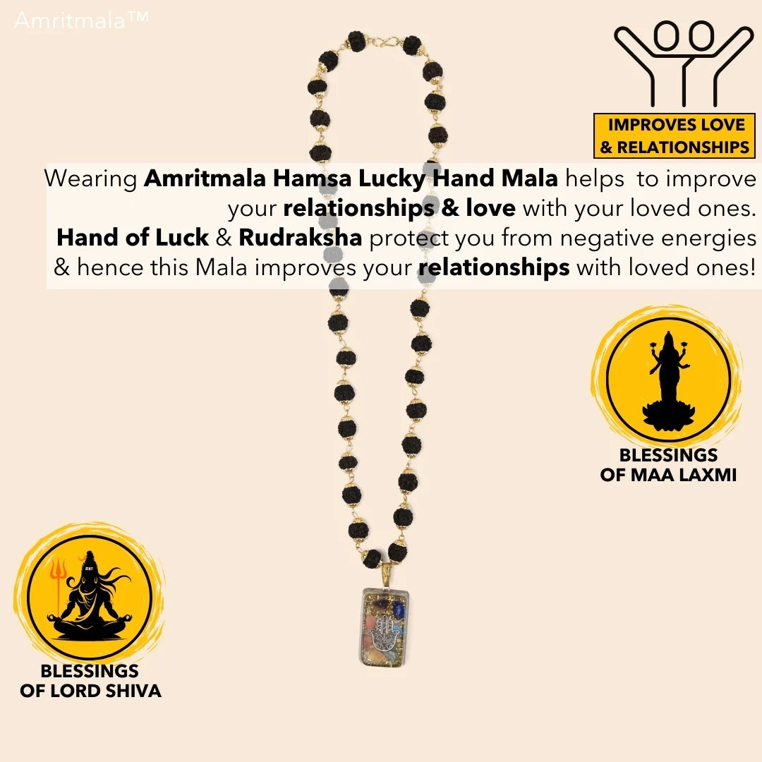 AMRITMALA'S HAMSA LUCKY HANDMALA (Black) (Power of Rudraksha & Lucky Hand)