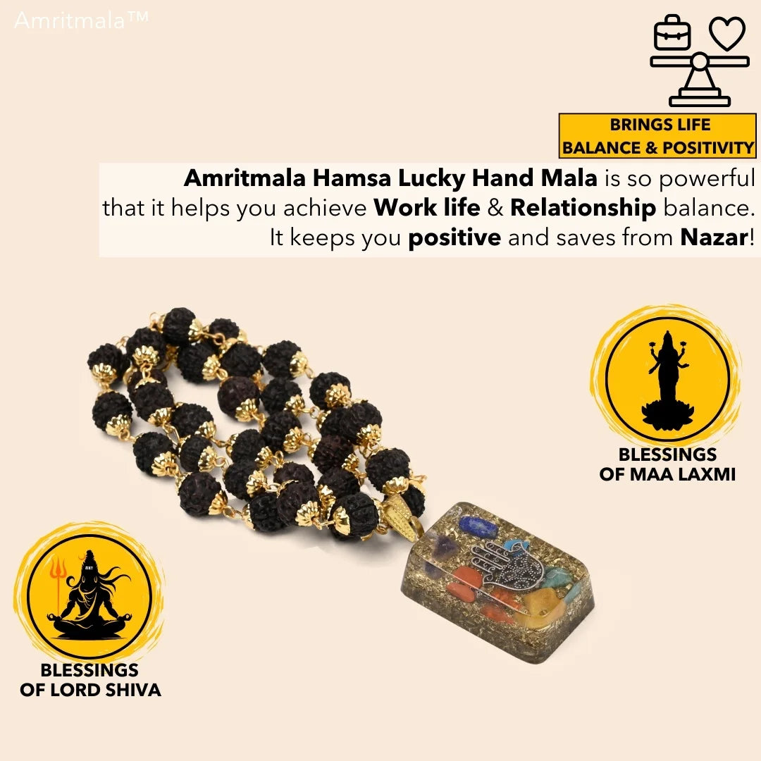 AMRITMALA'S HAMSA LUCKY HANDMALA (Black) (Power of Rudraksha & Lucky Hand)