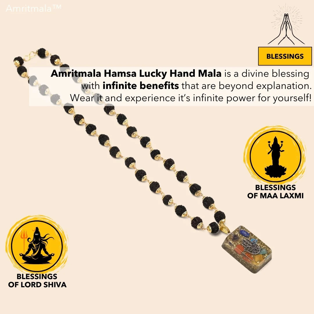 AMRITMALA'S HAMSA LUCKY HANDMALA (Black) (Power of Rudraksha & Lucky Hand)